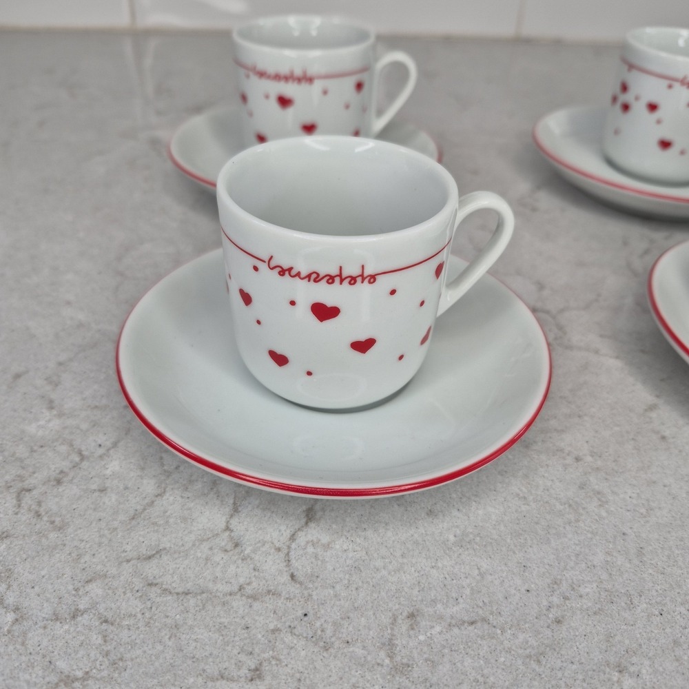 IPA Espresso Demitasse Cups Saucers Set of 4 Red Hearts‎  Ceramic Italy